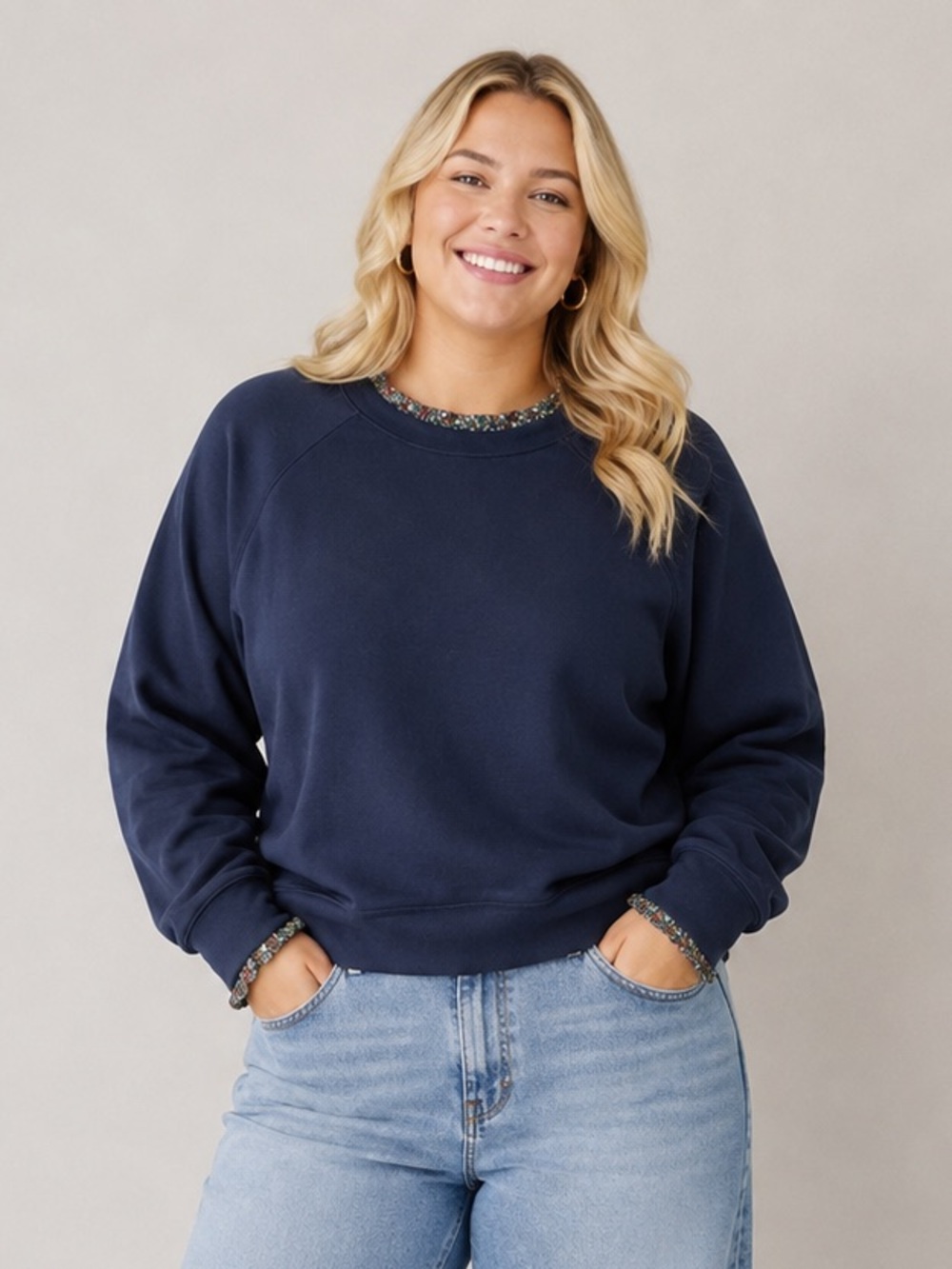 J.Crew size XL floral ruffle neck Blue pullover sweatshirt